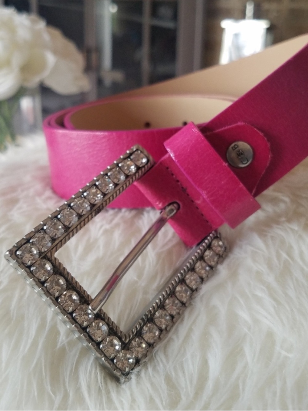 Genuine Fuchsia Pink Leather Belt with Rhinestone Buckle from Italy